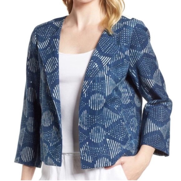 Eileen Fisher Hand-Printed Indigo Organic Cotton Round Neck Jacket Blue - Picture 1 of 6